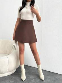 SHEIN Cottnline Ladies' Solid Color A-Line Skirt - Brown - View 4