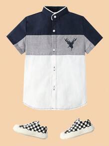 SHEIN Young Boy Contrast Color Deer Printed Casual Shirt - Light Grey - View 1