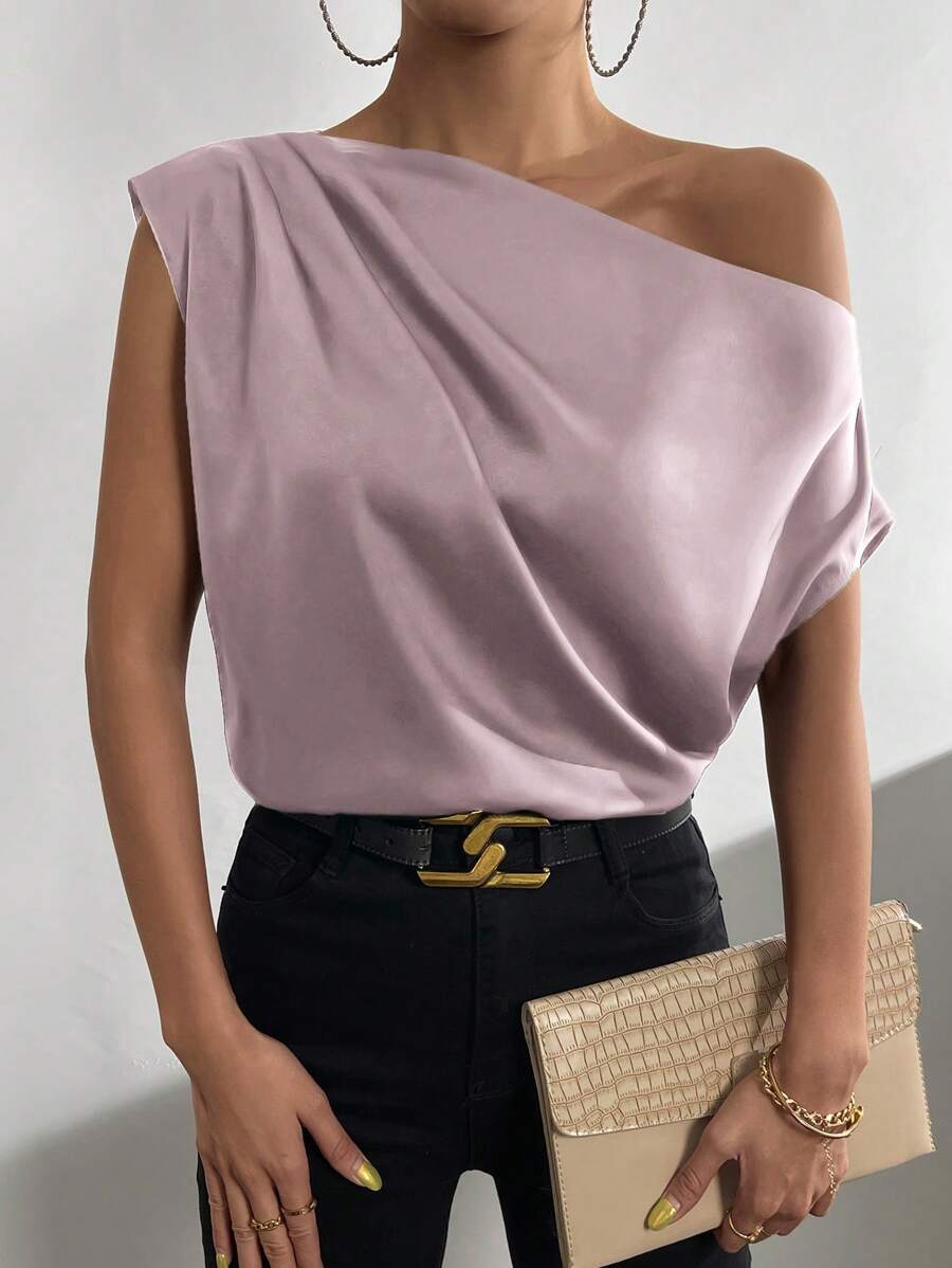 SHEIN Unity Solid Asymmetrical Neck Batwing Sleeve Satin Blouse One Shoulder Top - Mauve Purple - View 1