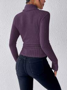 SHEIN Frenchy Camiseta De Cuello Alto De Punto Acanalado De Manga Larga Para Mujer