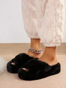 2025新款女士毛绒拖鞋，厚底毛绒一脚蹬拖鞋，室内外均可穿着，防滑，秋冬，毛茸茸的鞋子 - 黑色 - 查看 4