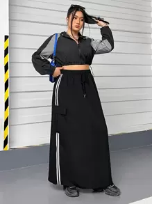 SHEIN EZwear Plus Size Side Stripe Drawstring Waist Cargo Skirt