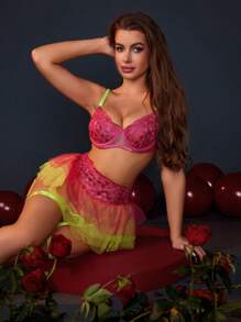 SHEIN Women's Sexy Valentines Heart Embroidered Mesh Lingerie Set - Hot Pink - View 5