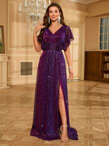 UNITHORSE 女士优雅亮片荷叶边开衩下摆短袖派对连衣裙 - 紫色 - 查看 6