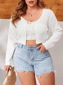 Plus Size Women Solid Color Long Sleeve Casual Knotted Front Cropped Cardigan - White - View 1