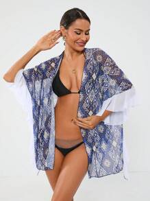SHEIN Swim Women's Geometric Pattern Open Front Cover Up Summer - Multicolor - View 4