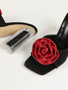 時尚紅色單帶露趾涼拖,鑲有紅色鑽石玫瑰花和水晶厚跟,經典女款拖鞋 - 黑色 - 查看 2