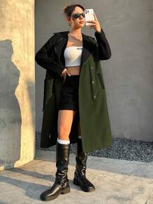 SHEIN EZwear Women'S Color Block Double Breasted Trench Coat - Army Green - View 5