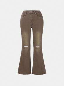 青少年女孩街頭時尚洗水剪裁彈性喇叭牛仔褲 - 咖啡棕 - 查看 1