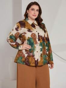 Mulvari Grote maten Vrouwen Tie Dye Patroon Lange mouwen Set van overhemd en broek