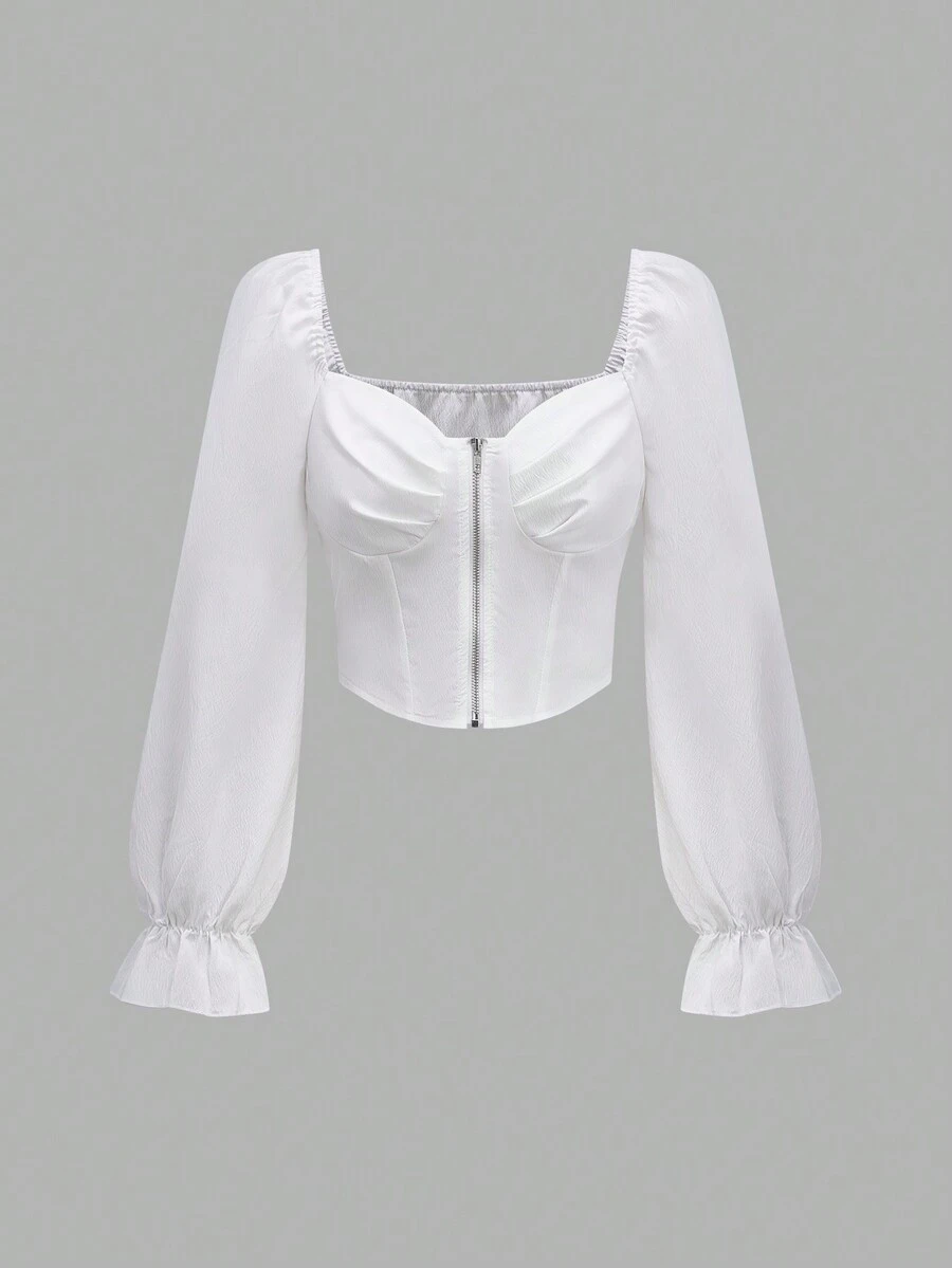 SHEIN Unity Solid Color Sweetheart Collar Zip-Front Shirt - White - View 1