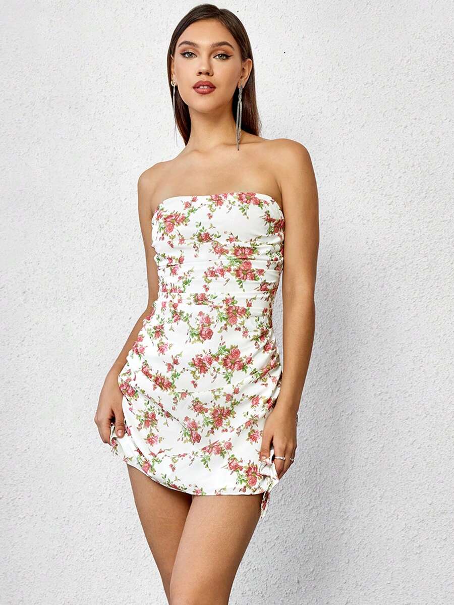 PARTHEA Vestido tubo con estampado floral fruncido lateral - Multicolor - Ver 1