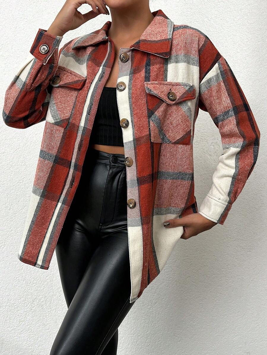 EURMUSE Women'S Plaid Long Shirt - Orange - View 1