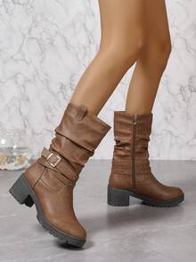 Của phụ nữ Giữa bắp chân Giày ống - Nâu Da giả , Vàng Trụ Chi tiết , Dày Gót chân , Dày Đế , Chóp giầy tròn , Dây kéo bên - màu nâu - Xem 2