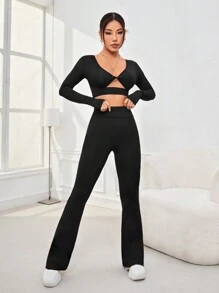 SHEIN Daily&Casual Women'S Hollow Out Long Sleeve Long Pants Sports Outfit - Black - View 3