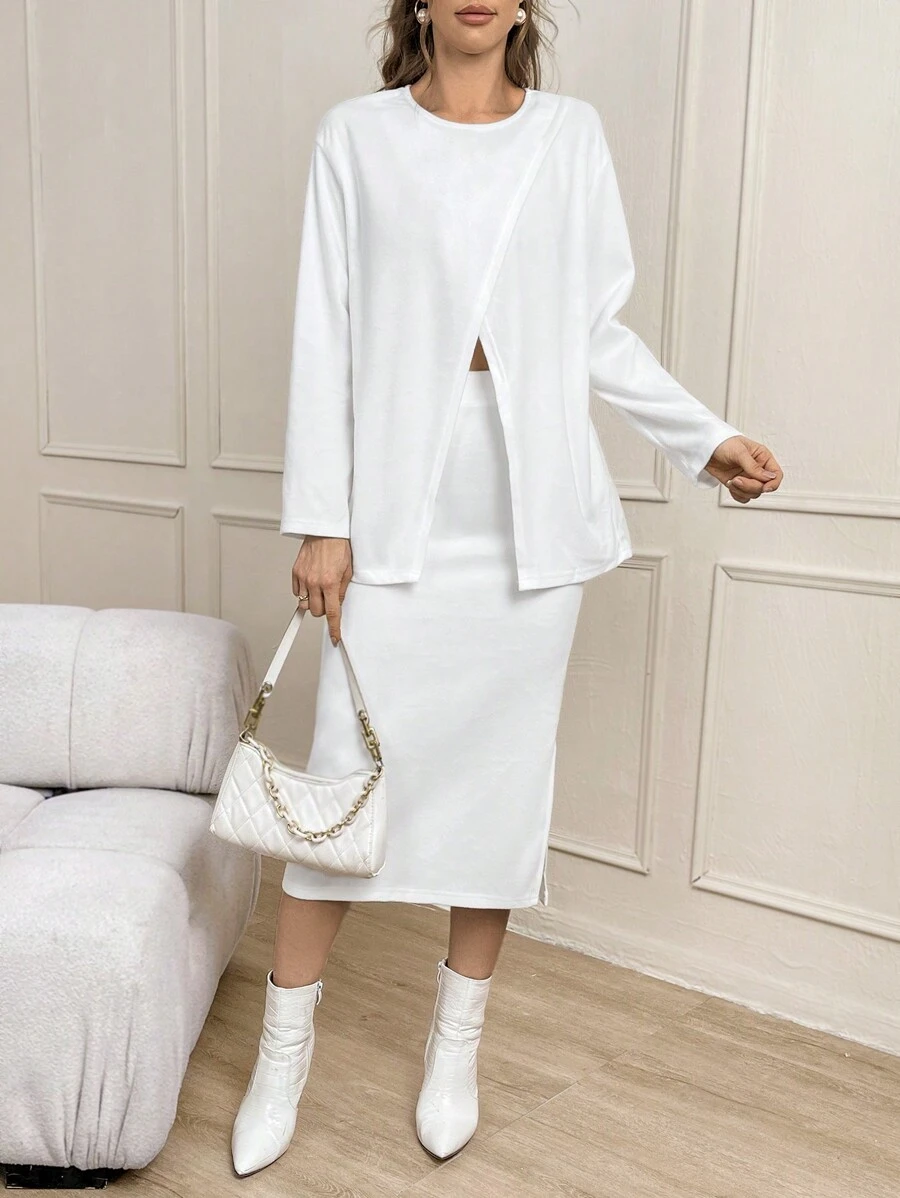 SHEIN Privé Women'S Solid Color Casual 2-Piece Set - White - View 1