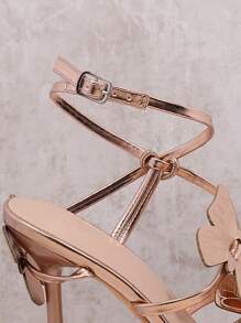SHUZIA Sandálias De Salto Alto Com Borboleta Decorativa Fashion Feminina, Estilo Versátil - Rosa ouro - Visão 4