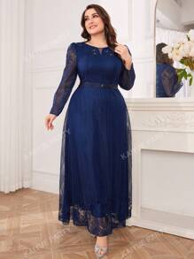 Robe de soirée formelle à manches longues, élégante, pour femmes de grande taille. Robe de mariage pour invité, avec une taille brodée de strass et de maille. Convient pour la remise des diplômes, les dîners