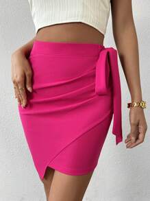 SHEIN Privé Falda Atada Envolvente Con La Mitad Del Cuerpo - Rosa Fucsia - Ver 3