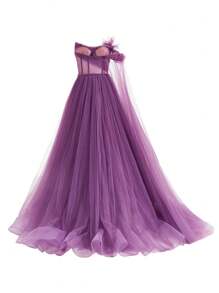 SHEIN Belle 厚重款式女士晚礼服，船形领口，渐变色，装饰性皮草和蝴蝶结，单肩，垂褶袖子，长拖尾 - 紫色 - 查看 8