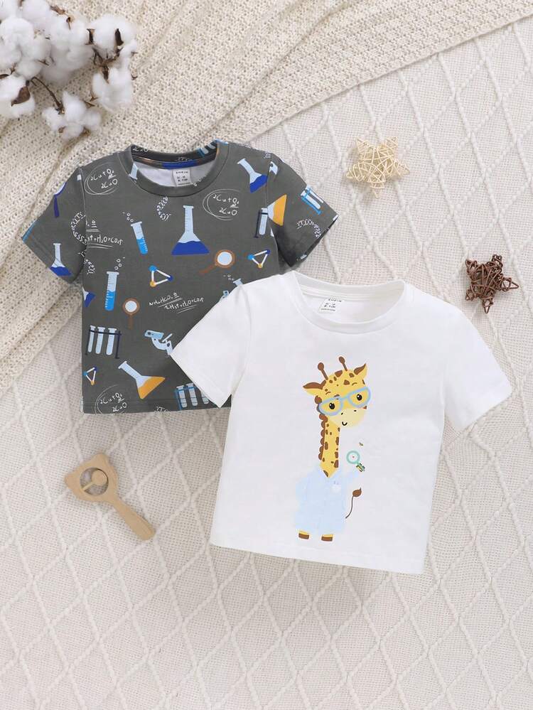Unisex Baby Fun Dr. Deer Scientific Experiment Pattern Round Neck Short Sleeve T-Shirt 2pcs/Set