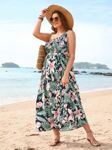 SHEIN VCAY 大尺碼不對稱領口和腰部開口設計的熱帶花卉印花夏日連衣裙 - 彩色 - 查看 5