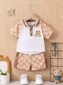 嬰兒男孩時尚短袖polo上衣和短褲套裝 - 米色 - 查看 1