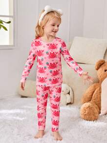女嬰貼身圓領粉紅色螃蟹圖案家居服 - 粉色 - 查看 4
