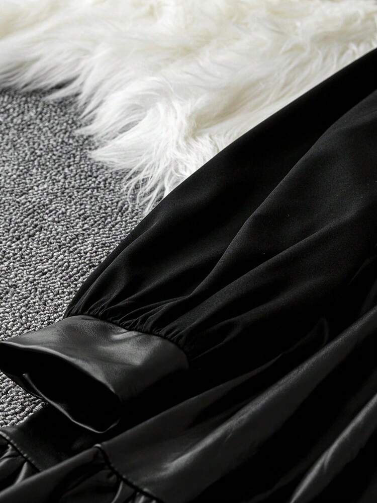 Plus Contrast Collar Ruffle Hem PU Leather Dress