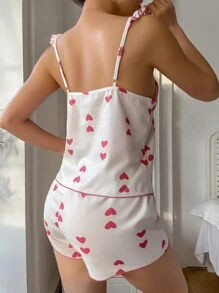 Ladies' Pajama Set With Heart Printed Pattern And Bowknot Decoration - Pink - View 2
