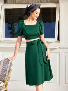 Vintamour Crop Top & Puff Short Sleeve Square Neck Top And Skirt Set