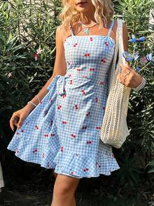 Soleia 露肩連身裙,不對稱下擺繫帶側邊花邊細節 - 藍色 - 查看 4