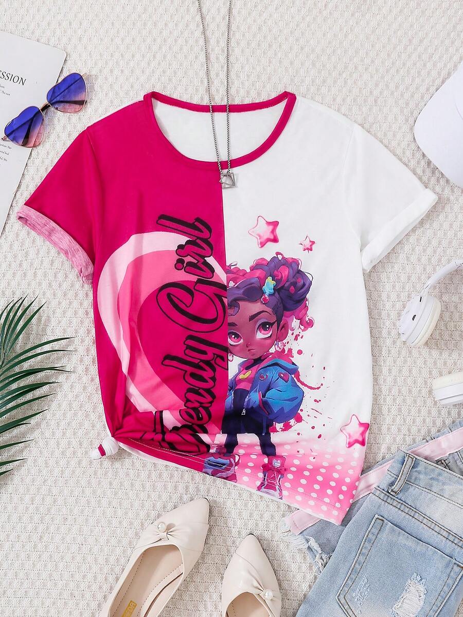 女孩字母女孩印花休閒短袖 T 卹 - 綠色 - 查看 1