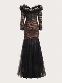 SHEIN Belle Women's Mesh Splice & Ruffle Neckline Fish Tail Evening Party Dress (heavy Work) - Black - View 10