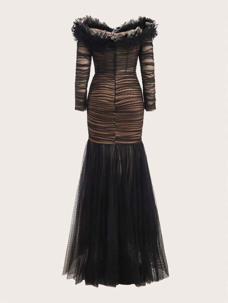 Women's Mesh Splice & Ruffle Neckline Fish Tail Evening Party Dress (heavy Work)