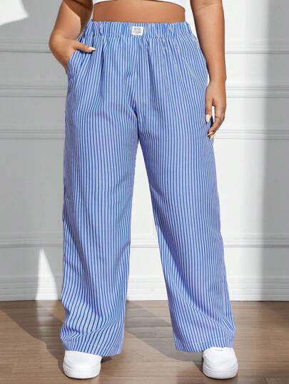 SHEIN EZwear Plus Size Women's Vertical Stripe Elastic Waist Pants