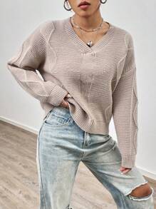 SHEIN Unity 女士V领落肩针织套头衫秋冬毛衣 - 卡其色 - 查看 3