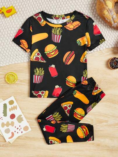 SHEIN Young Boy 2pcs/Set Comfortable Snug Fit Sleepwear With All-Over Printed Short Sleeve T-Shirt And Pants