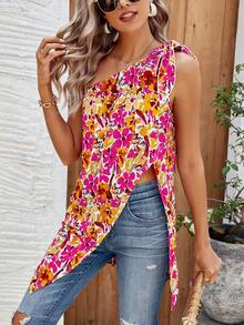 SHEIN LUNE 側開衩花卉印花不對稱下擺襯衫 - 彩色 - 查看 4