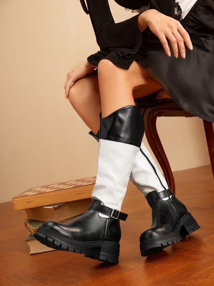 Buckle Detail Two Tone Women's Fashionable Over-the-knee Boots