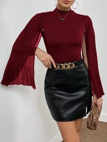 SHEIN Privé 翻領折褶披風袖連體衣 - 紅色 - 查看 3