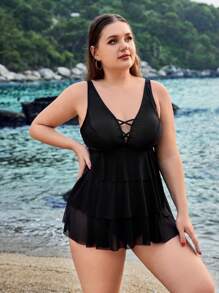 SHEIN Swim Curve Plus Size Women'S Mesh Contrast Tankini Swimsuit - Black - View 1