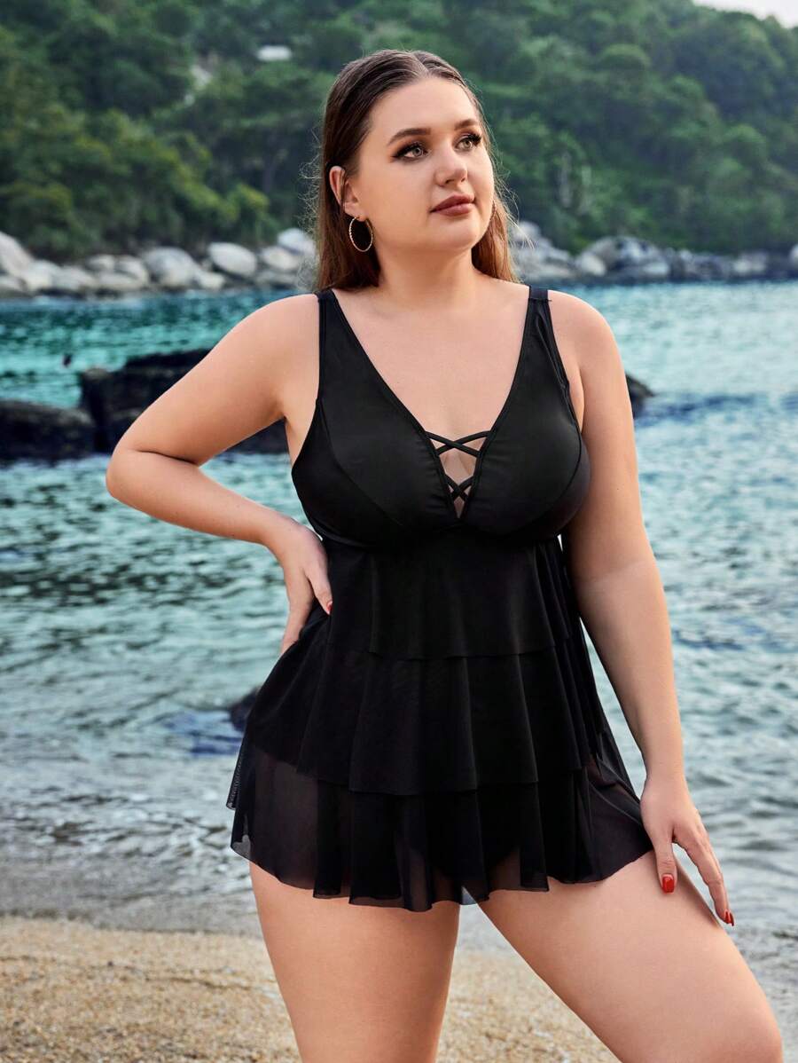 SHEIN Swim Curve Plus Size Women'S Mesh Contrast Tankini Swimsuit - Black - View 1