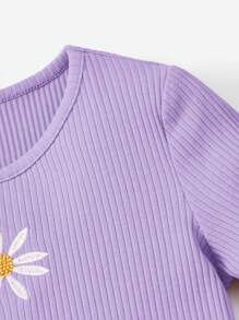 SHEIN Young Girl Casual Cute Daisy Embroidered Short Sleeve T-Shirt