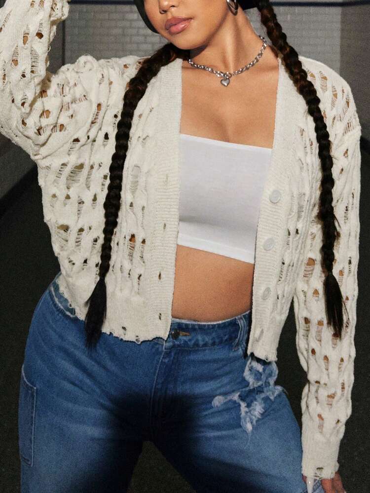 Plus Size Ripped Button Cardigan