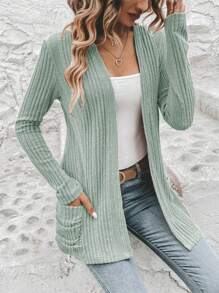 EMERY ROSE Quý cô Màu thuần Rib Nghề thêu Stitch Đan Phù hợp thường Áo len Mở - màu xanh lá - Xem 5