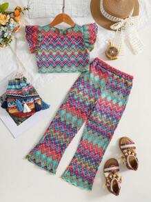 SHEIN Toddler Girls' Full-Printed Ruffle-Sleeved Top And Pants Set - Multicolor - View 1