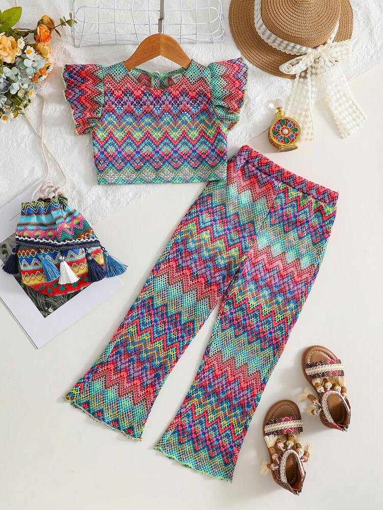 Toddler Girls' Full-Printed Ruffle-Sleeved Top And Pants Set