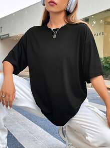 SHEIN EZwear 女性卡通印花長款t恤,背部設計 - 黑色 - 查看 2