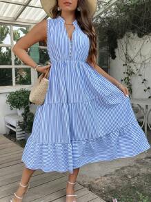 SHEIN Clasi 大尺碼女款豎條紋缺角領連身裙 - 藍色 - 查看 1